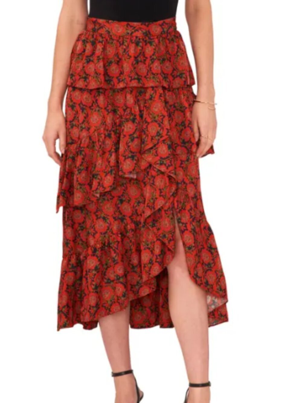 1.STATE Women's Tiered Ruffle Maxi Skirt Red Floral Print Size M NWT